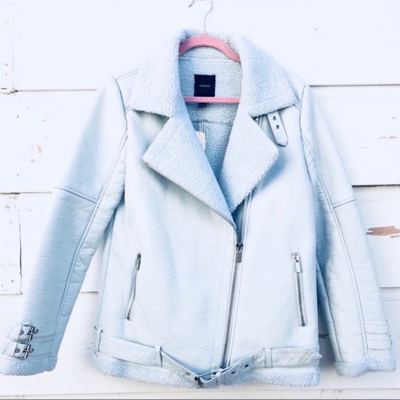 Forever21 Baby Blue Shearling Moto Jacket Size Large - Picture 1 of 8